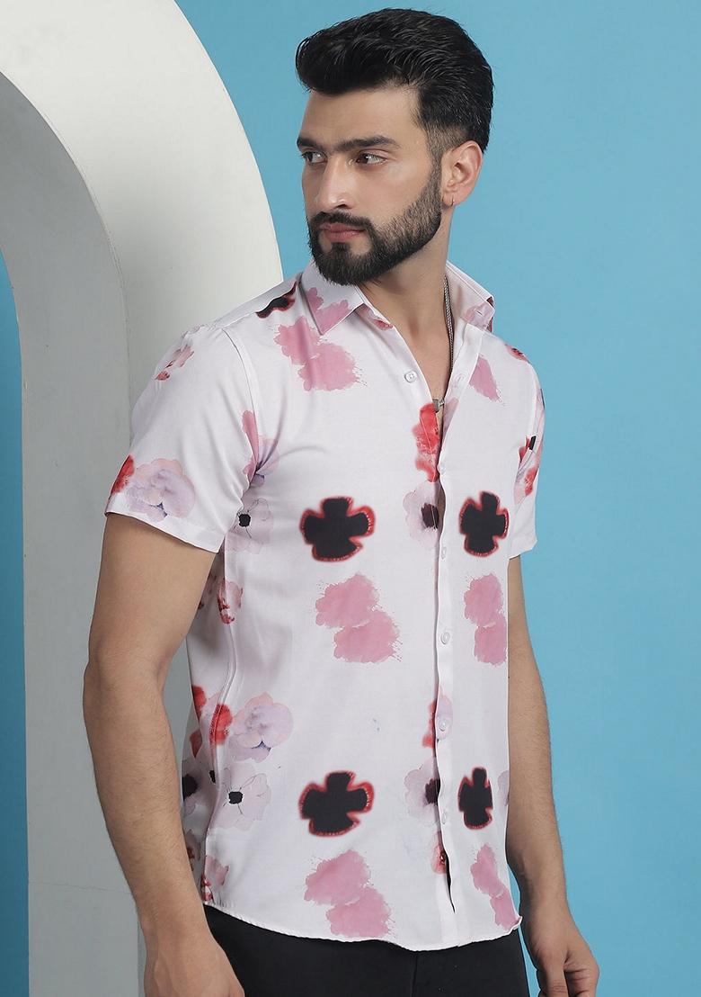 Pink Printed Cotton Shirt For Men