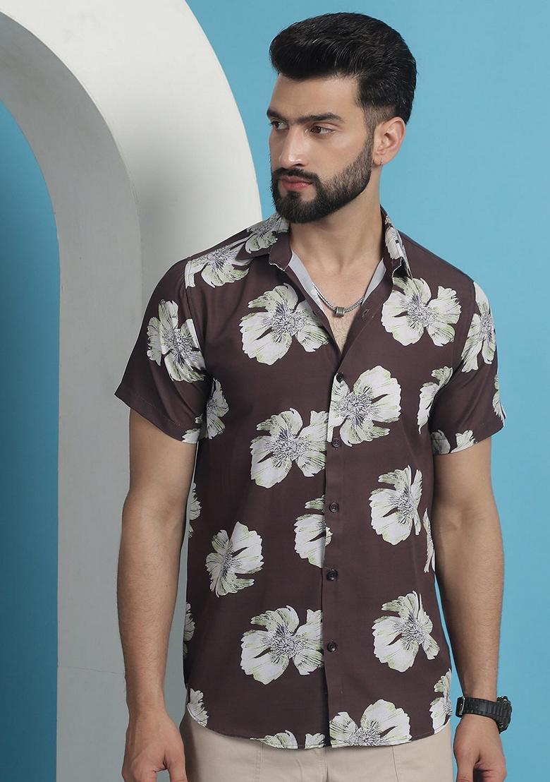 Brown Printed Cotton Shirt For Men