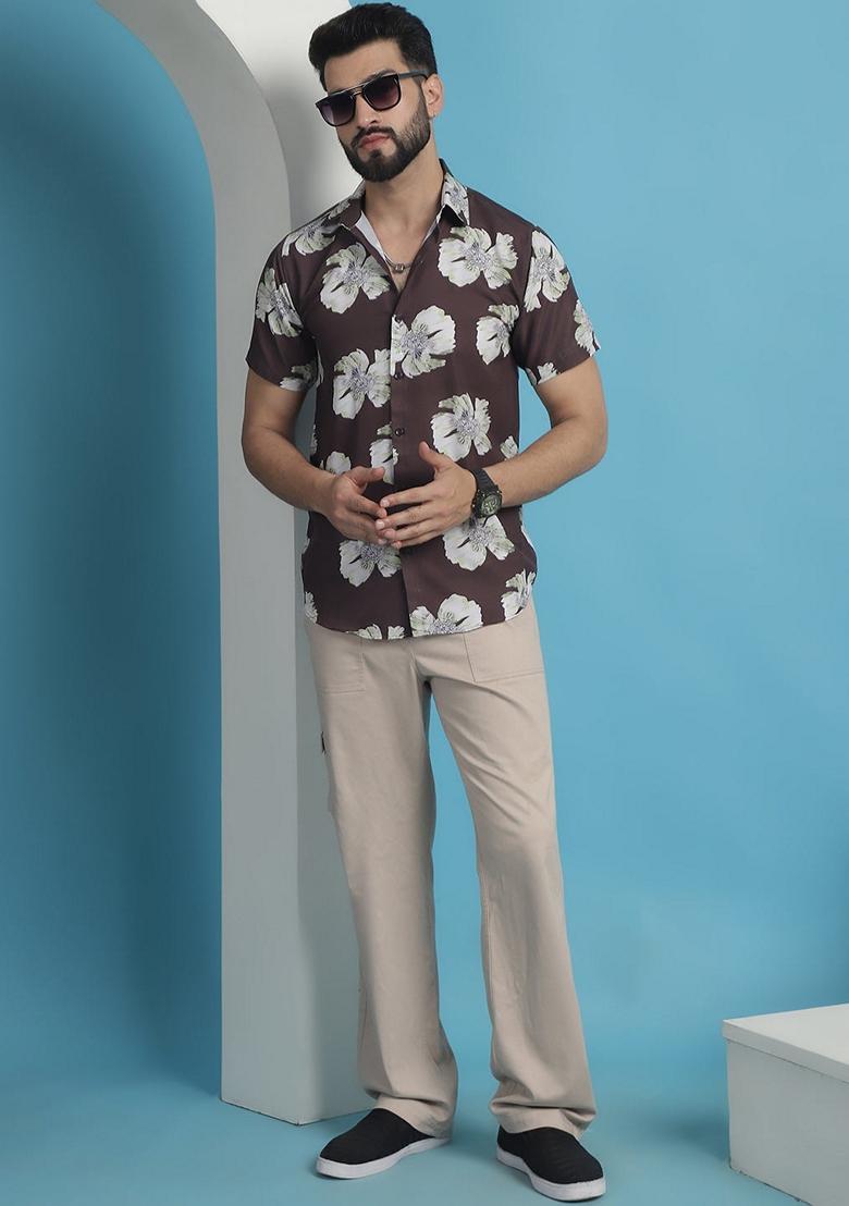 Brown Printed Cotton Shirt For Men
