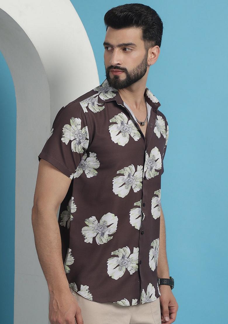 Brown Printed Cotton Shirt For Men