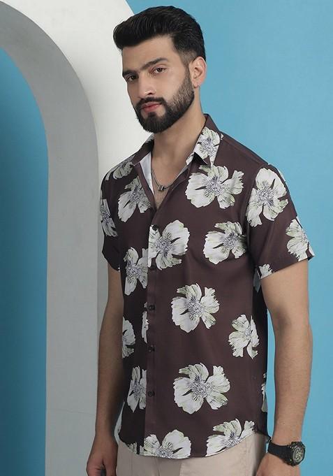 Brown Printed Cotton Shirt For Men