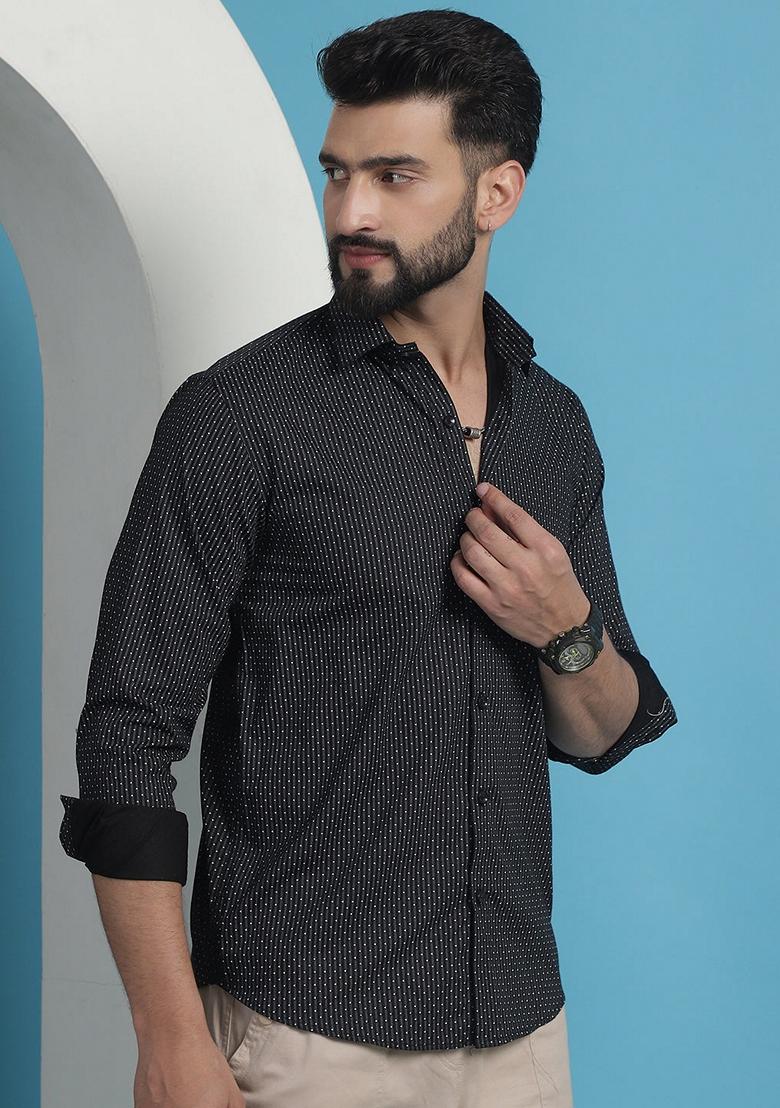 Black Printed Cotton Shirt For Men