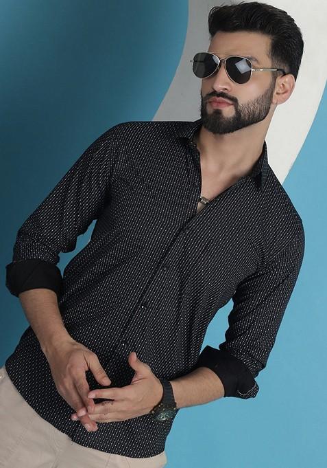 Black Printed Cotton Shirt For Men