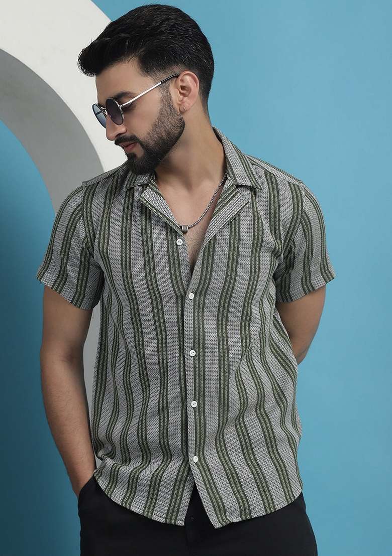 Olive Printed Cotton Shirt For Men - Indya