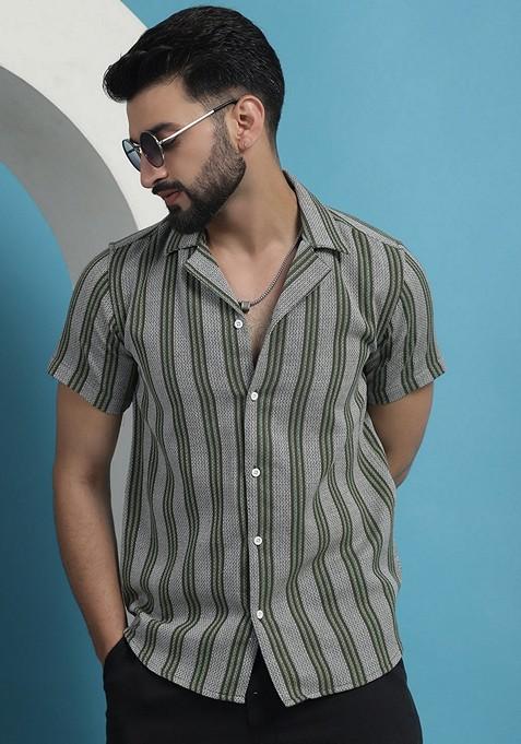 Olive Printed Cotton Shirt For Men