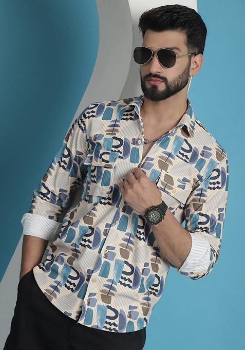 Multicolour Printed Cotton Shirt For Men