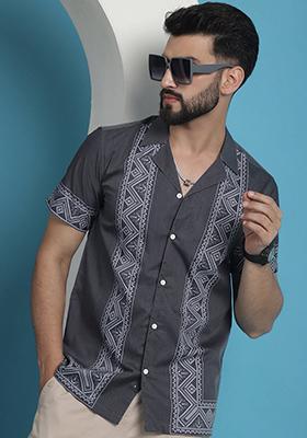 Grey Printed Cotton Blend Shirt For Men