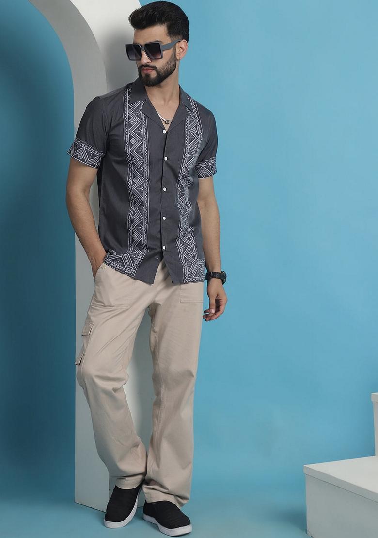 Grey Printed Cotton Blend Shirt For Men