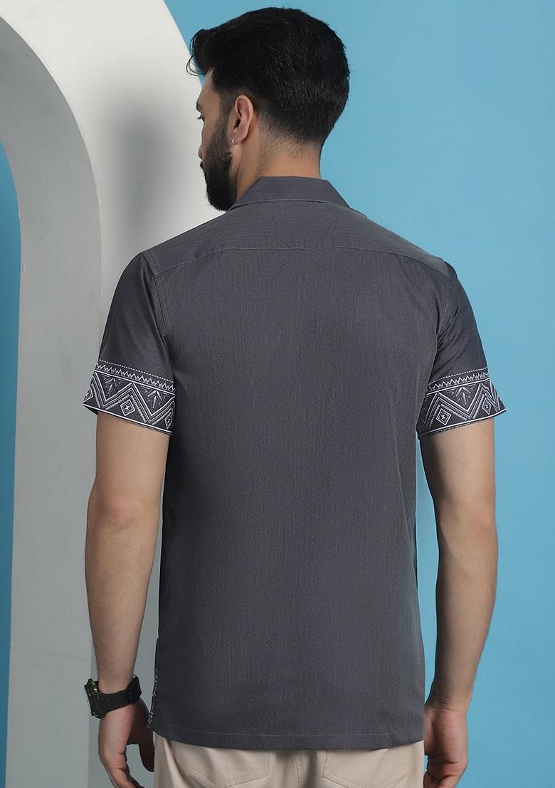 Grey Printed Cotton Blend Shirt For Men - Indya