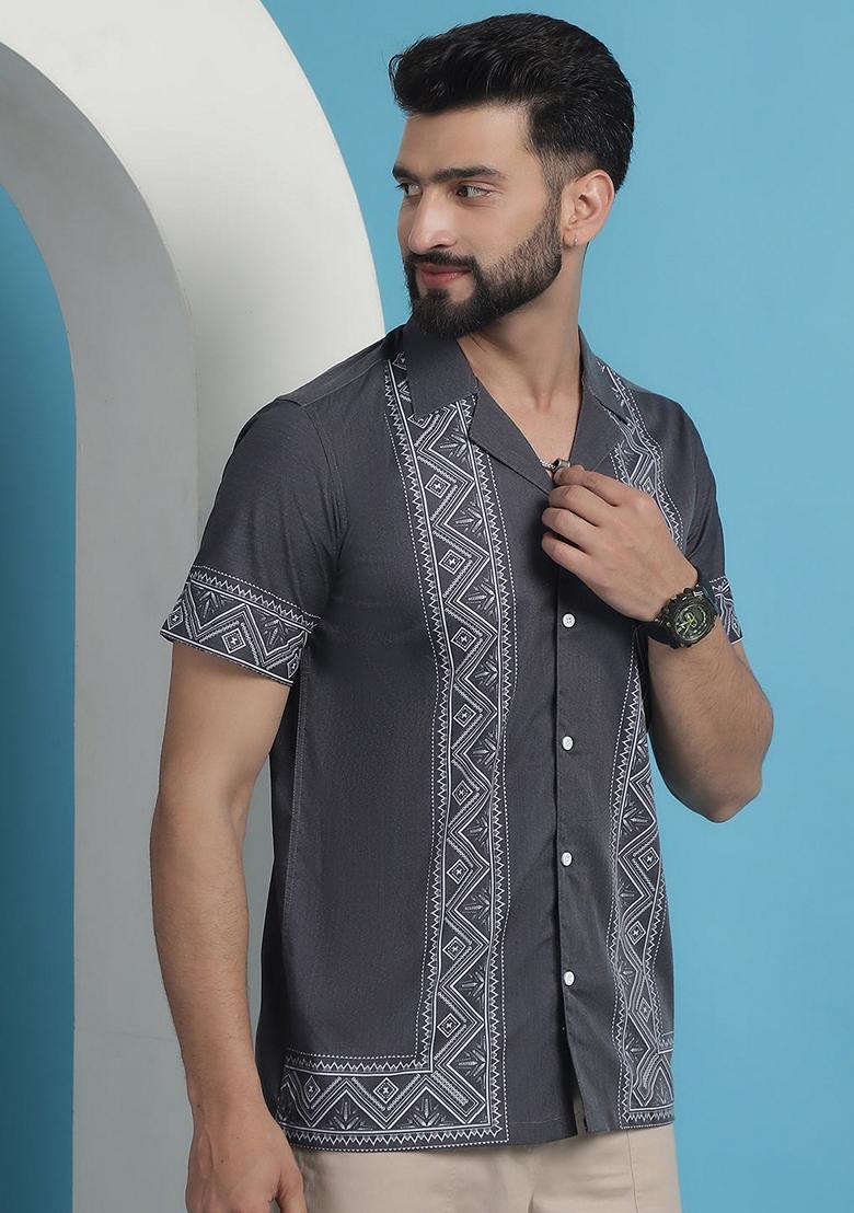 Grey Printed Cotton Blend Shirt For Men