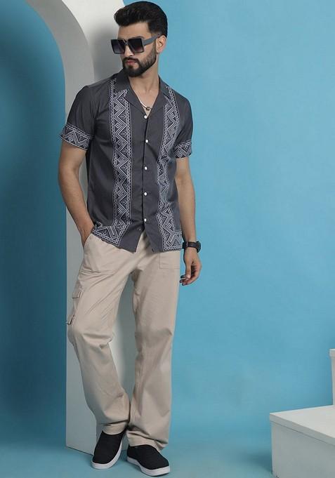 Grey Printed Cotton Blend Shirt For Men