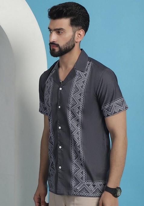 Grey Printed Cotton Blend Shirt For Men
