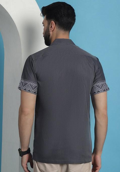 Grey Printed Cotton Blend Shirt For Men