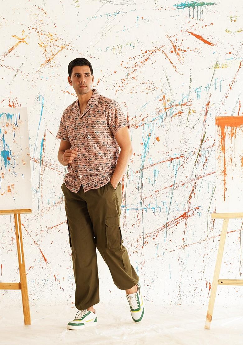 Peach Printed Cotton Shirt For Men