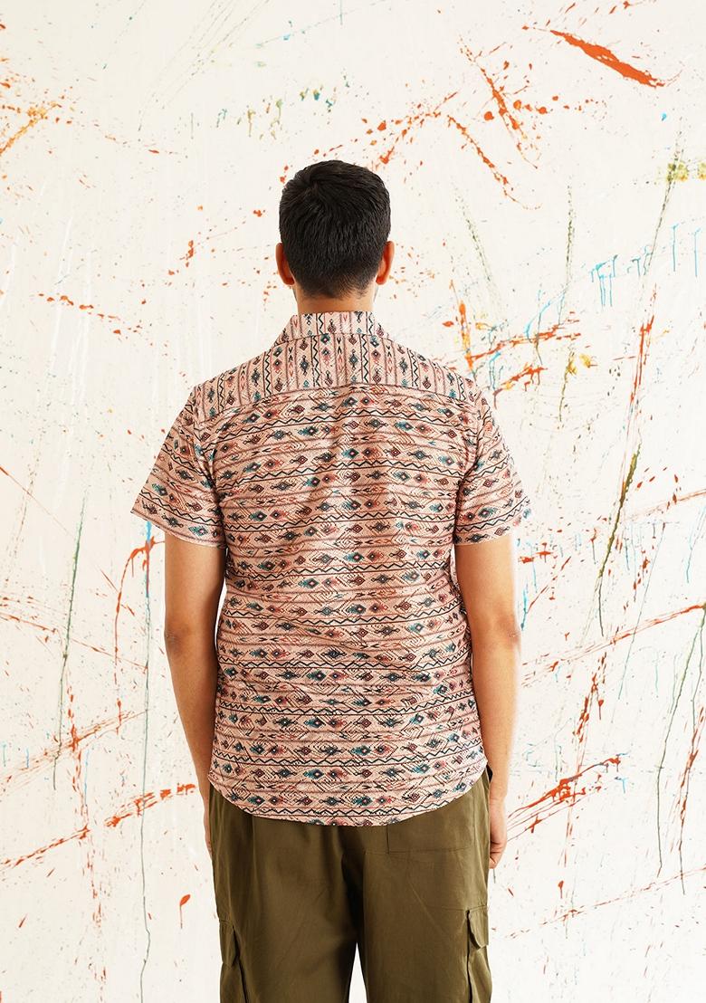 Peach Printed Cotton Shirt For Men