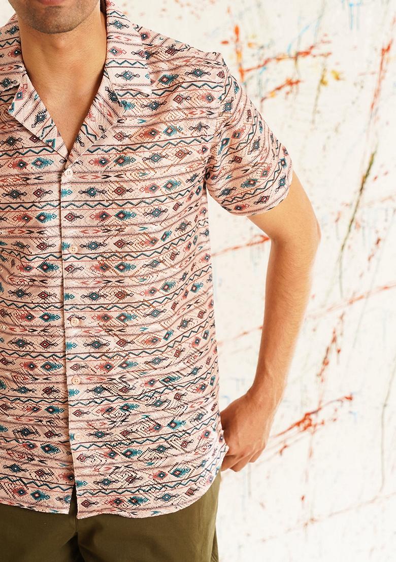 Peach Printed Cotton Shirt For Men