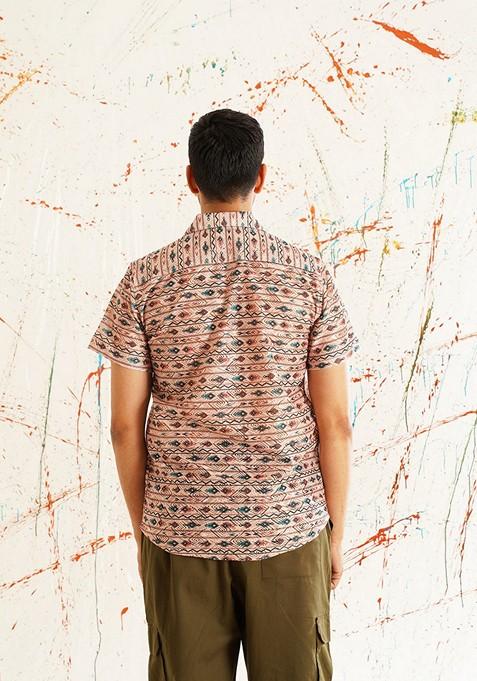 Peach Printed Cotton Shirt For Men
