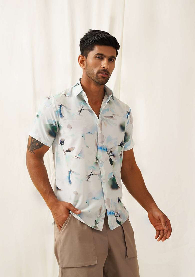 Blue Printed Cotton Shirt For Men - Indya