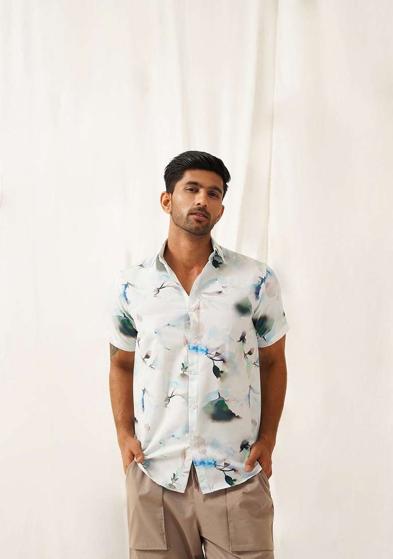 Blue Printed Cotton Shirt For Men - Indya