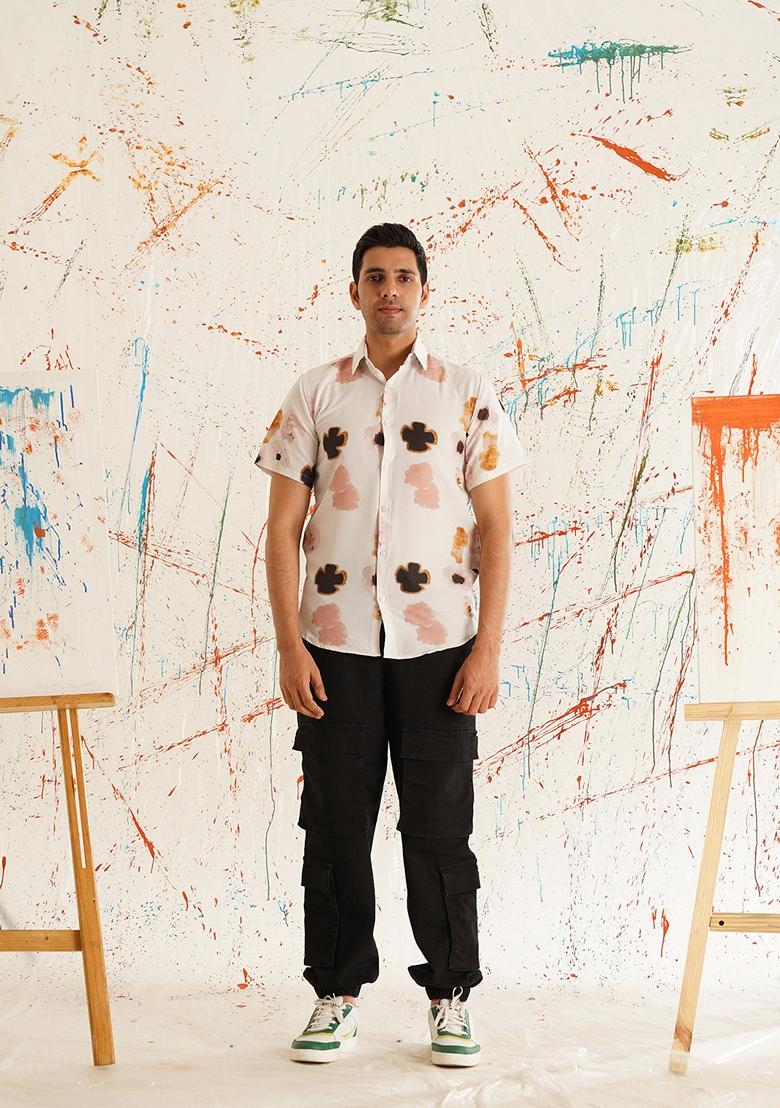 Peach Printed Cotton Shirt For Men