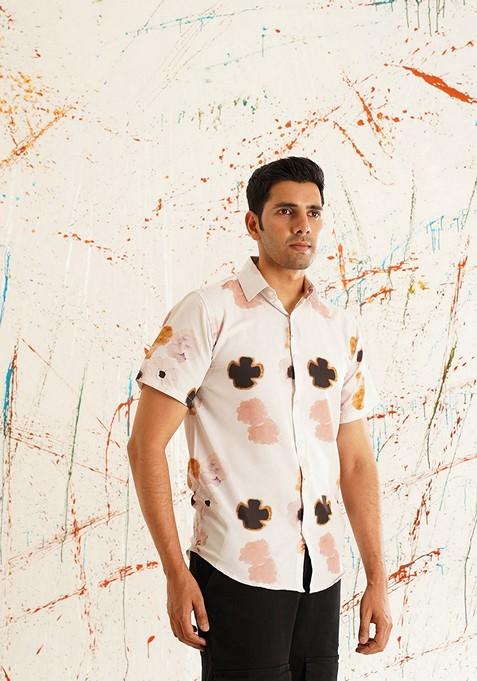 Peach Printed Cotton Shirt For Men