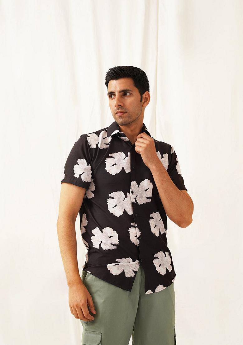 Black Printed Cotton Shirt For Men