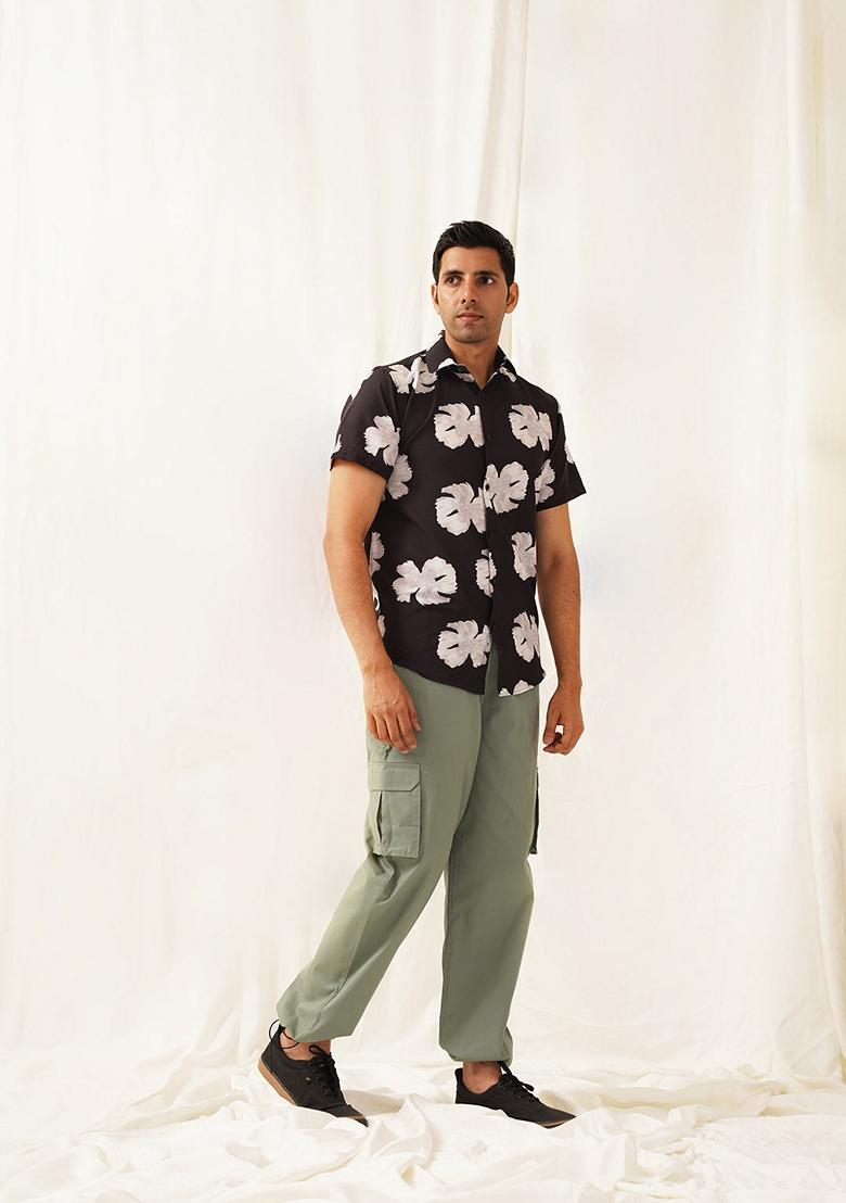 Black Printed Cotton Shirt For Men