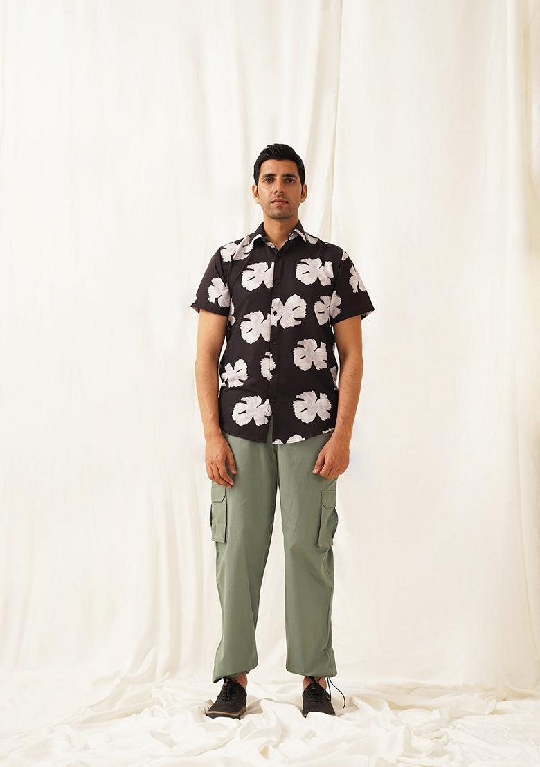 Black Printed Cotton Shirt For Men