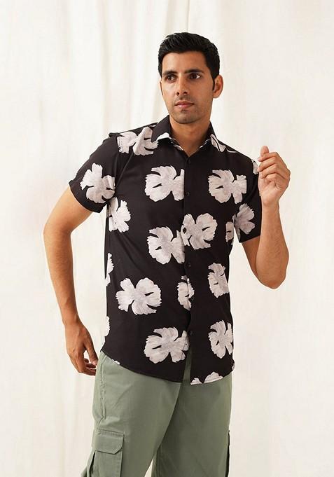 Black Printed Cotton Shirt For Men