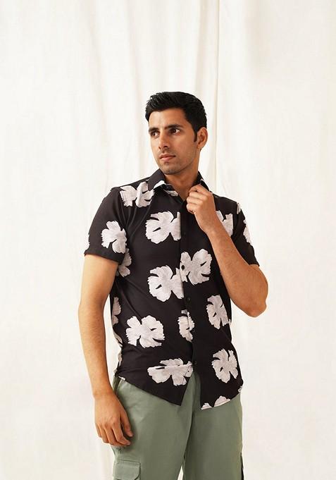 Black Printed Cotton Shirt For Men