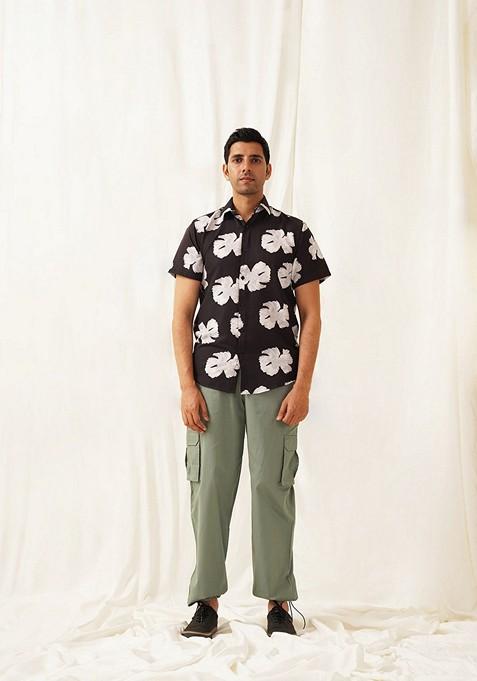 Black Printed Cotton Shirt For Men