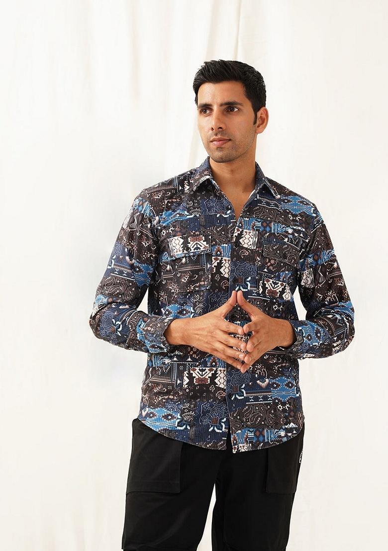 Blue Printed Cotton Shirt For Men