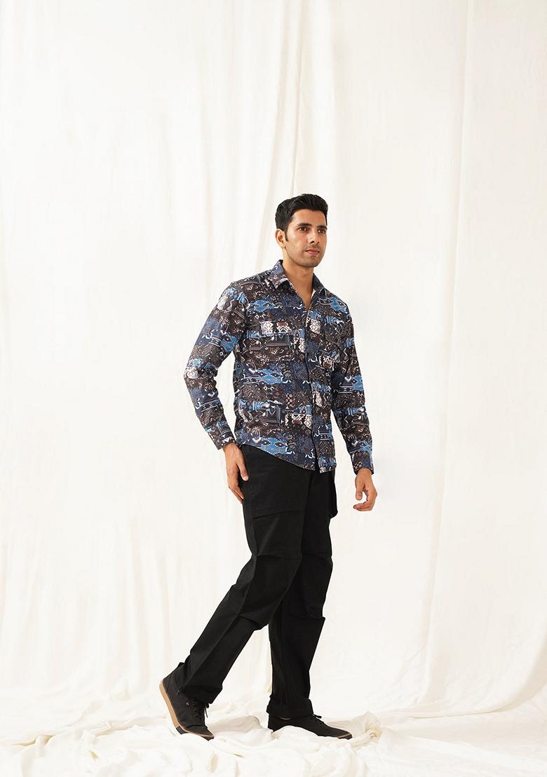 Blue Printed Cotton Shirt For Men - Indya