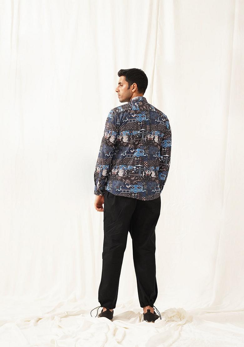Blue Printed Cotton Shirt For Men