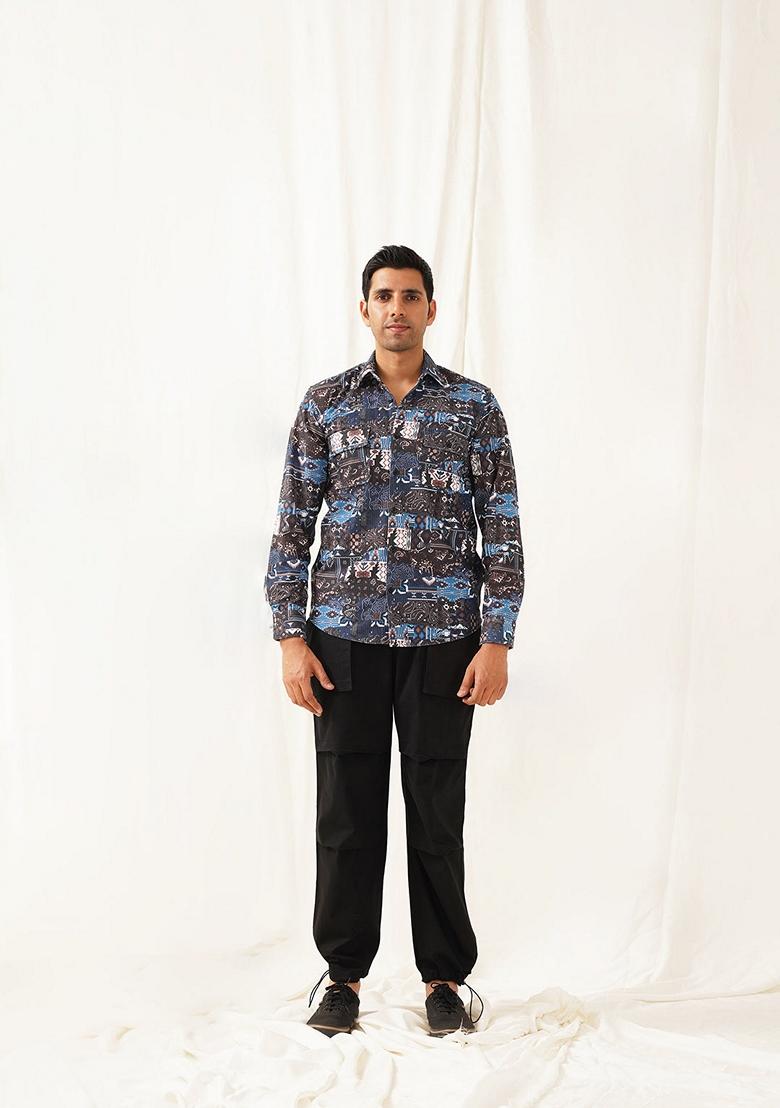 Blue Printed Cotton Shirt For Men
