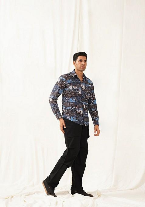Blue Printed Cotton Shirt For Men