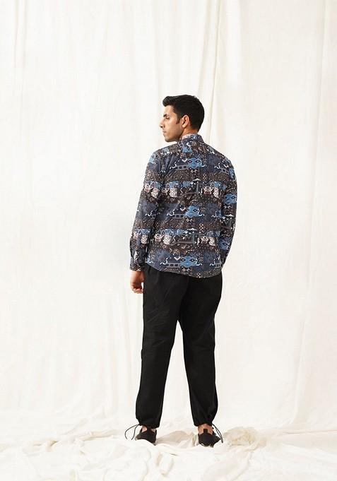 Blue Printed Cotton Shirt For Men