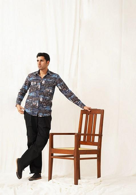 Blue Printed Cotton Shirt For Men