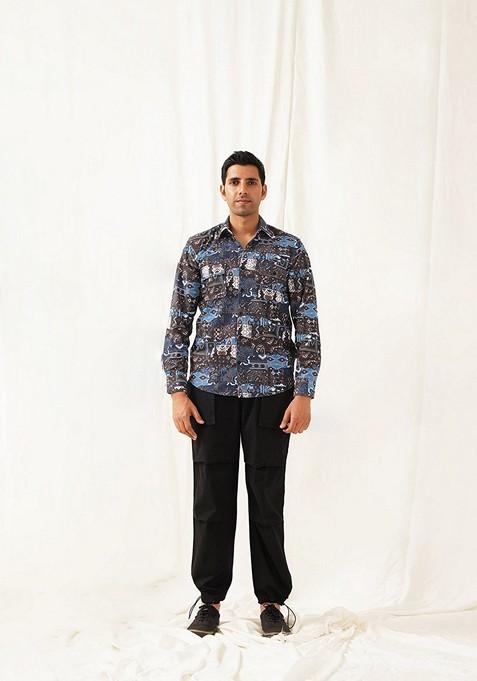 Blue Printed Cotton Shirt For Men