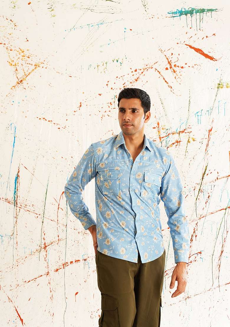 Blue Printed Cotton Shirt For Men - Indya