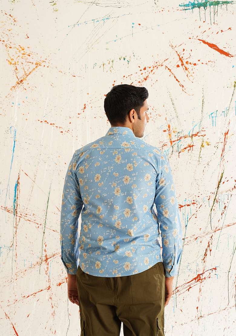 Blue Printed Cotton Shirt For Men - Indya