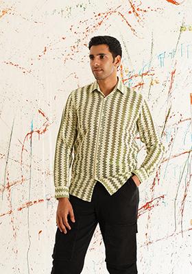 Green Woven Design Cotton Shirt For Men