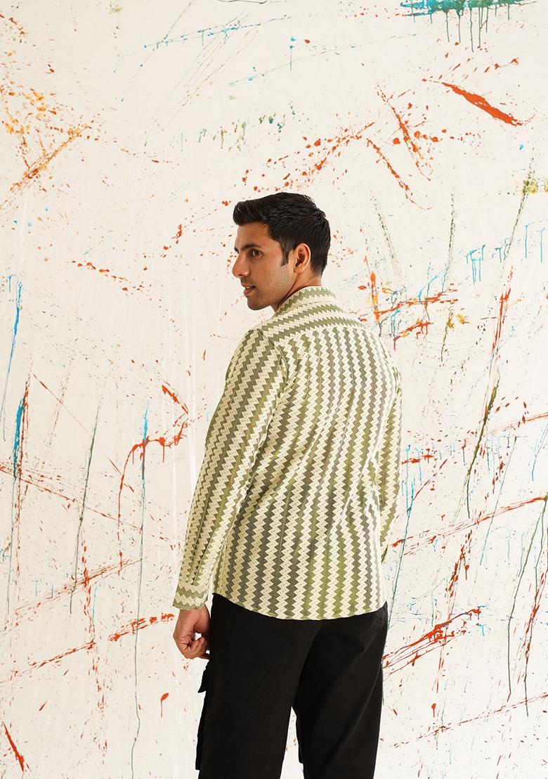 Green Woven Design Cotton Shirt For Men