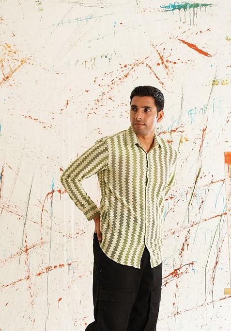 Green Woven Design Cotton Shirt For Men