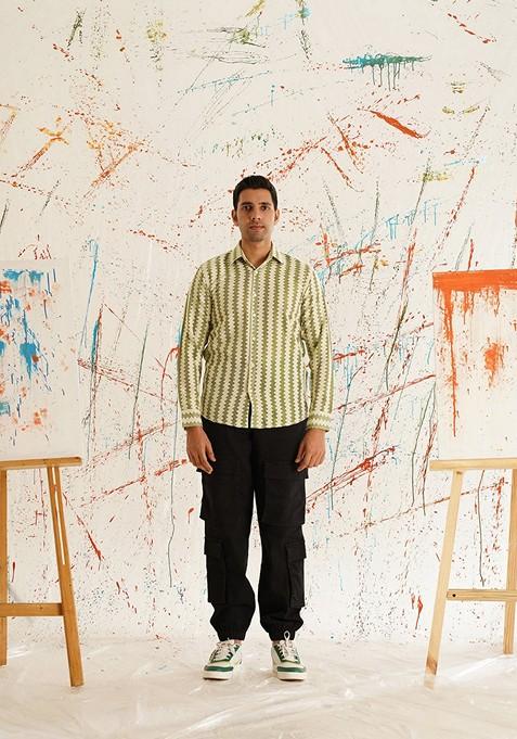 Green Woven Design Cotton Shirt For Men