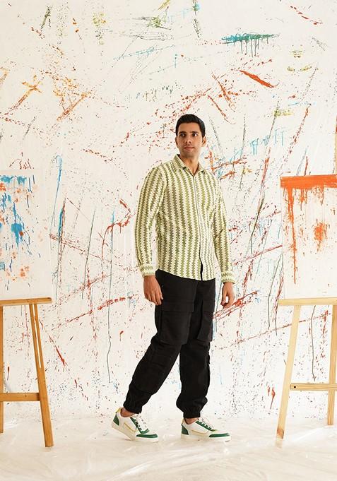 Green Woven Design Cotton Shirt For Men