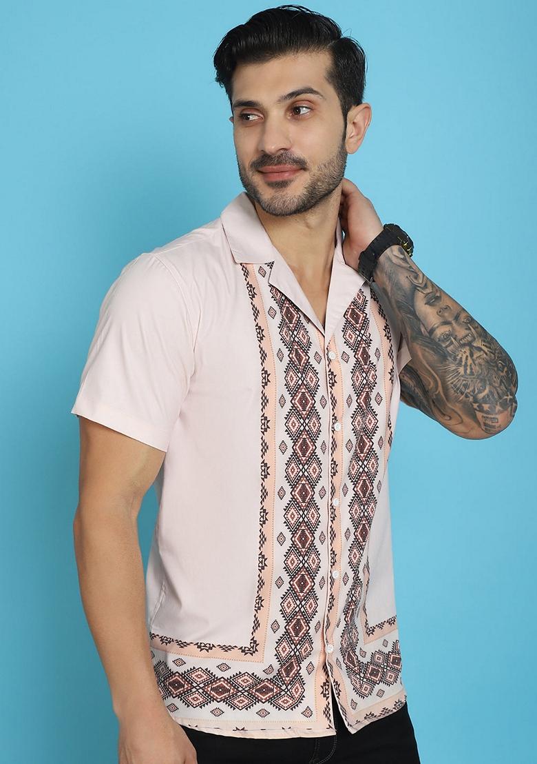 Pink Printed Cotton Blend Shirt For Men