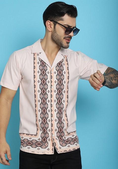 Pink Printed Cotton Blend Shirt For Men