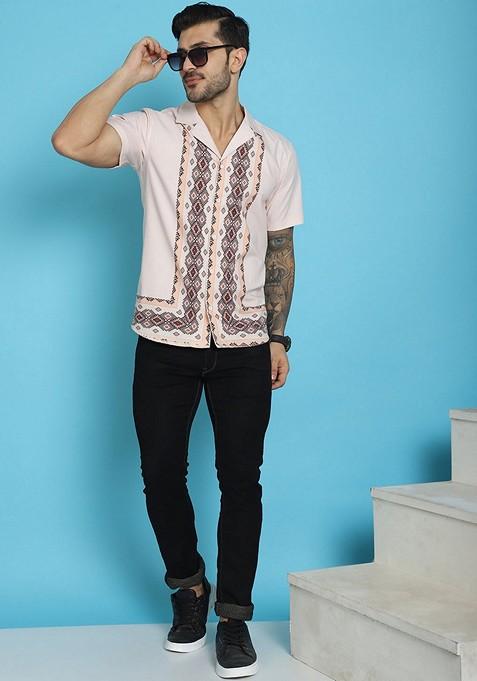 Pink Printed Cotton Blend Shirt For Men