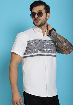 White Printed Cotton Blend Shirt For Men